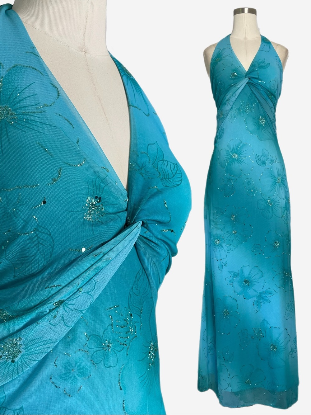 Vintage Y2K Fanny Fashion Blue halter glitter floral lace up maxi dress XS/S